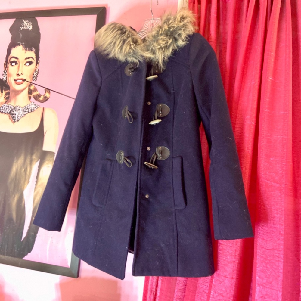 Forever 21 Fur Hood Trench Coat Winter Navy Blue Toggle Clasp Women’s Small - Picture 2 of 6